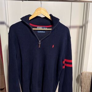 Ralph Lauren Navy Zip-Up Sweater with Red Stripes